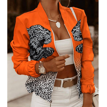 Elegant Women's Autumn Long-Sleeve Zipper Embellished Cardigan Printed Jacket