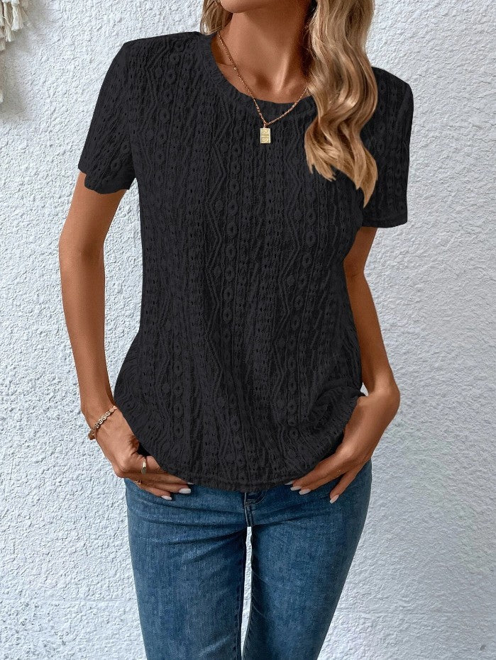 Lovely Women's Female Hollowed Leisure Solid Color Round Neck T-shirt For Women Black