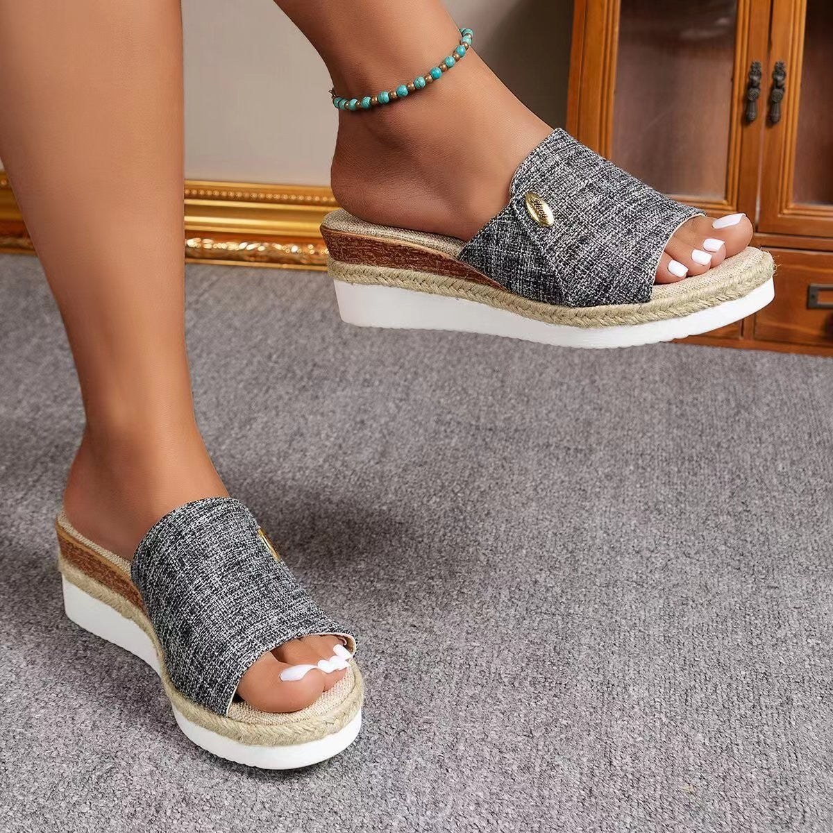 Denim Canvas Female Wedges Sandals Summer Fashion Hemp High Heel Slippers Outdoor Thick Bottom Fish Mouth Shoes For Women