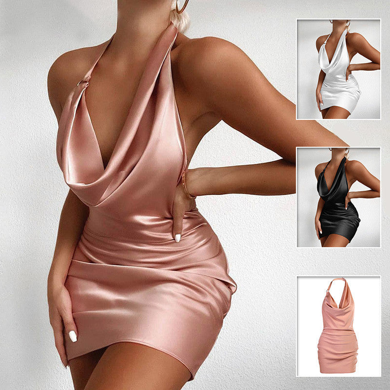 Lovely Women's Satin Party Dress V Neck Backless Mini Sleeveless Summer Party Dress