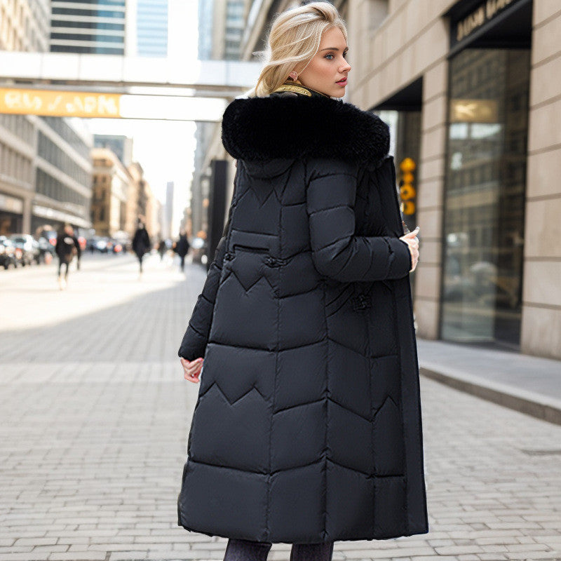 Women's Long Coat With Thickened Fur Collar Straight Slim Cotton-padded Jacket