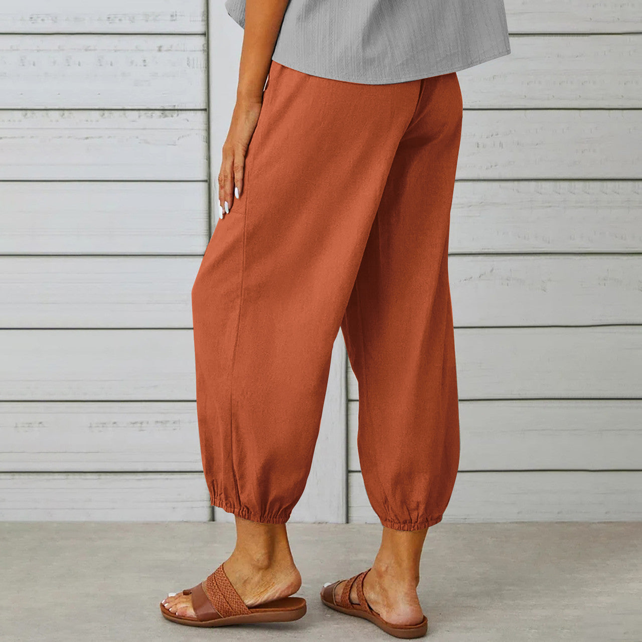 Elegant Women Drawstring Tie Pants Spring Summer Cotton And Linen Trousers