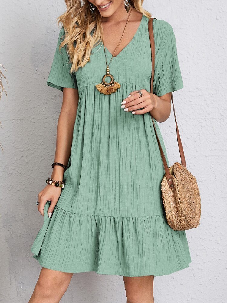 Lovely Women's Summer V-neck Dresses Women's Loose Casual Short-sleeved Corset Dress Light Green