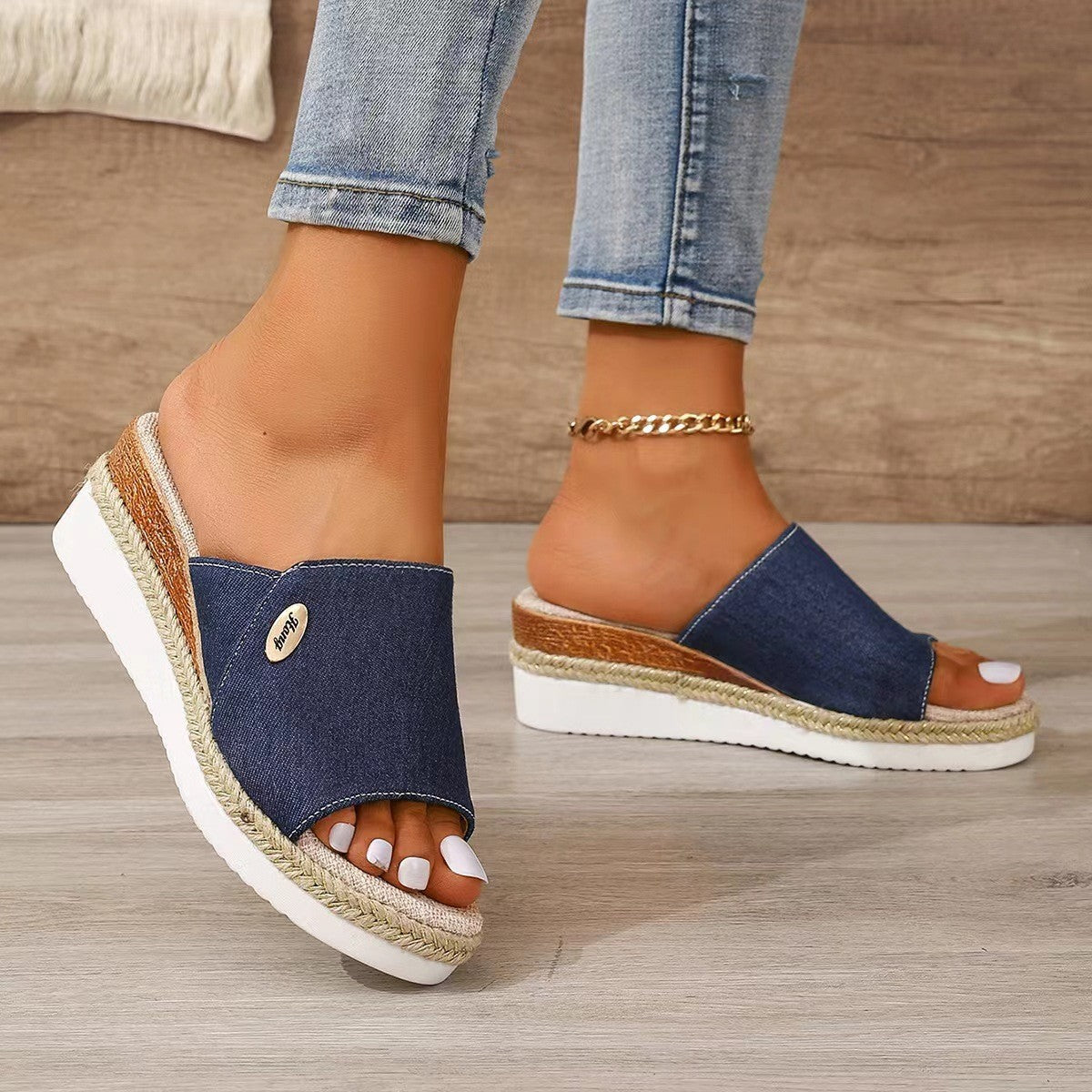 Denim Canvas Female Wedges Sandals Summer Fashion Hemp High Heel Slippers Outdoor Thick Bottom Fish Mouth Shoes For Women Blue