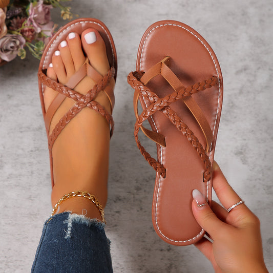 Cross-woven Design Thong Sandals Summer Flat Shoes Women Flip Flops Slides Casual Vacation Beach Slippers Dark Brown