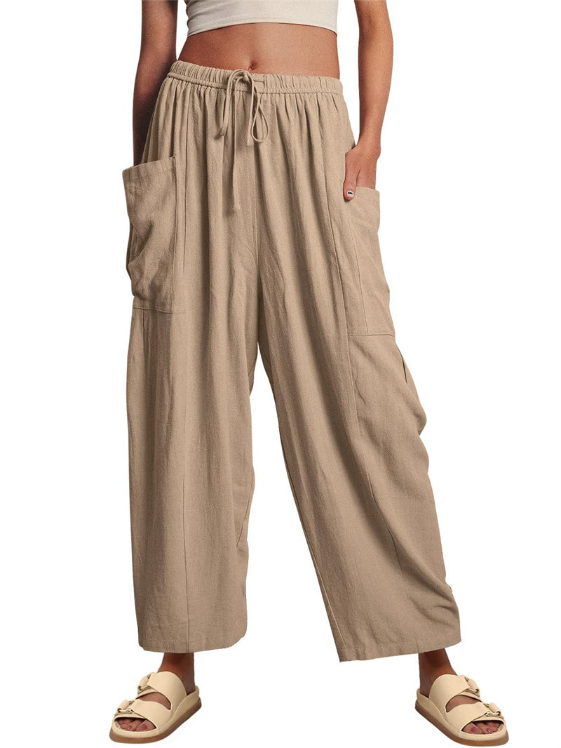 Fashion Wide Leg Pants Summer Loose Elastic High Waist Pleated Trousers Solid Color Womens Clothing Khaki