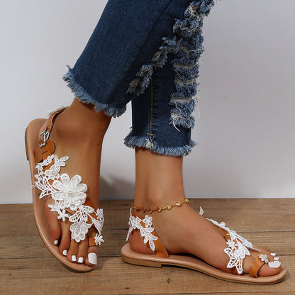 Lovely Women's Lace Sandals Bohemia Beach Shoes Flowers Ankle Strap Flat Shoes Summer