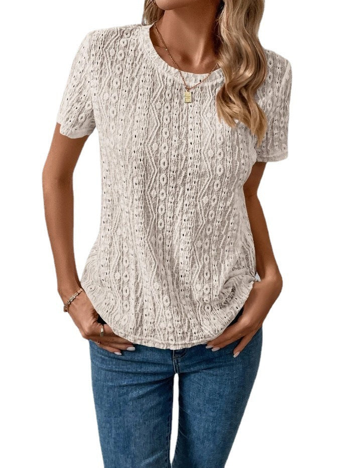 Lovely Women's Female Hollowed Leisure Solid Color Round Neck T-shirt For Women