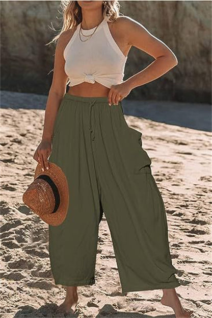 Fashion Wide Leg Pants Summer Loose Elastic High Waist Pleated Trousers Solid Color Womens Clothing Army Green