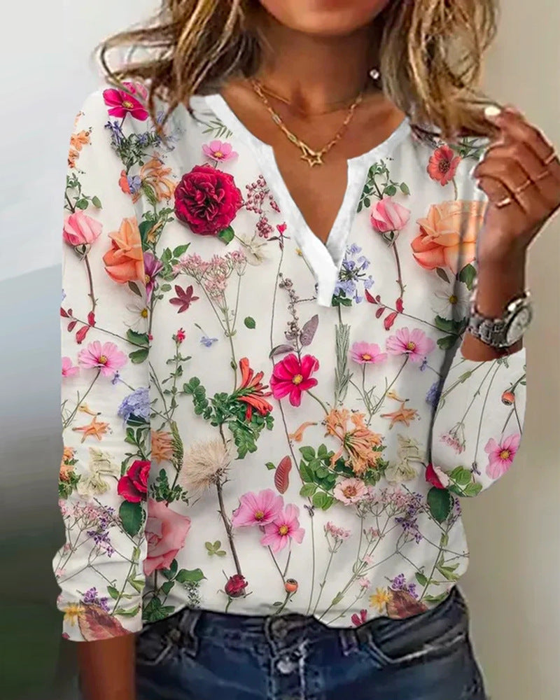 Lovely Women's Printed V-neck Long-sleeved T-shirt Top White