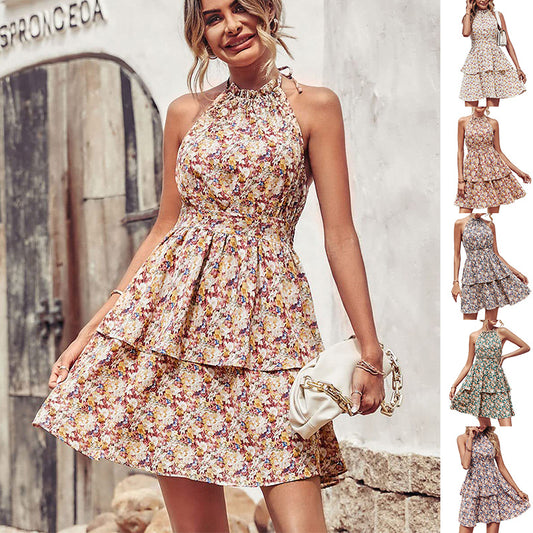 Lovely Women's Female Summer Printed Halter Dress Fashion Boho Backless Ruffled A-Line Beach Clothing