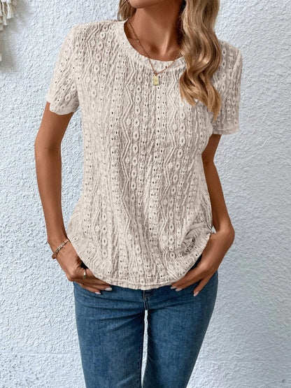 Lovely Women's Female Hollowed Leisure Solid Color Round Neck T-shirt For Women Apricot