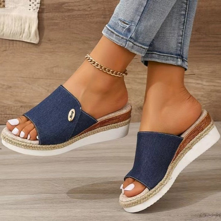 Denim Canvas Female Wedges Sandals Summer Fashion Hemp High Heel Slippers Outdoor Thick Bottom Fish Mouth Shoes For Women