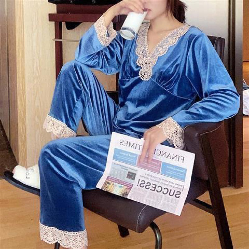 Lovely Comfy Women's Elegant Pajamas Autumn Spring Female Sleeping suit Lake blue