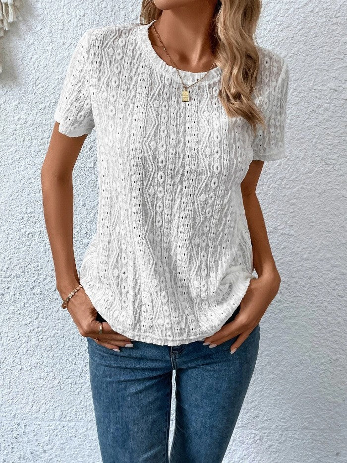 Lovely Women's Female Hollowed Leisure Solid Color Round Neck T-shirt For Women White