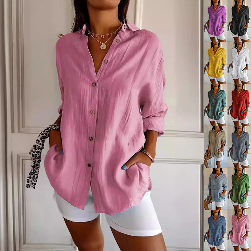 Lovely Female Lapel Long Sleeve Shirt Women's Single-breasted Pleated Shirt