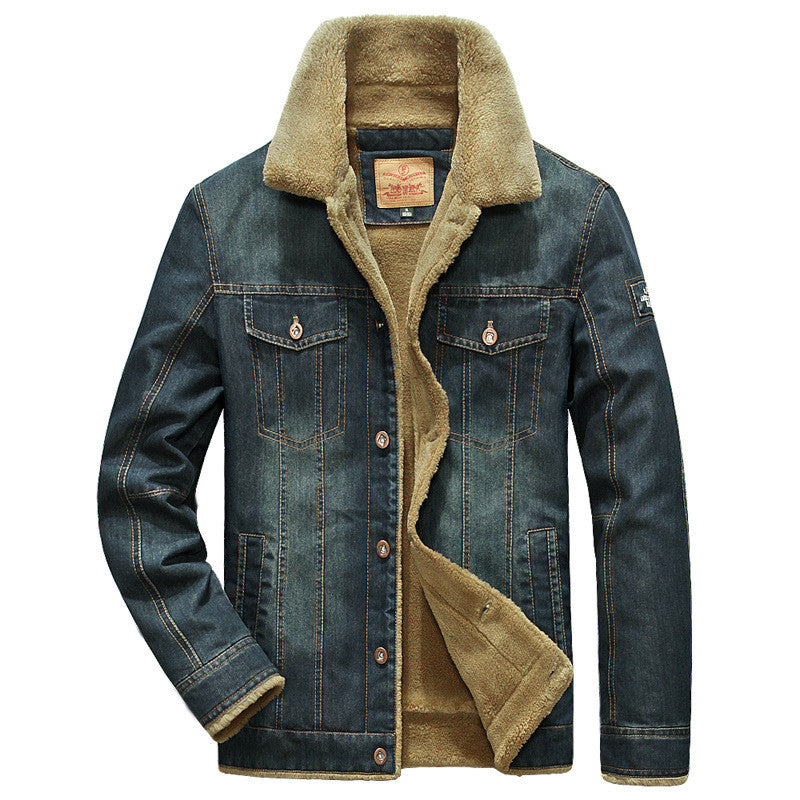 Cute Men's Denim Warm Fleece Multi-Pocket Winter Jacket Male