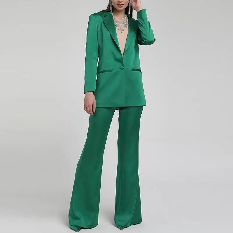 European And American Style Commuter Women's Suit 2-Piece Autumn Winter Suit Collar Long Sleeve Top Mid Waist Flare Pants Office