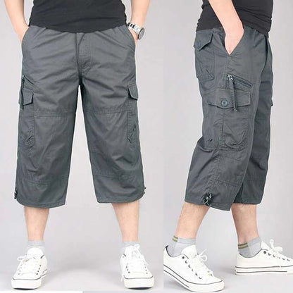 Summer Men's Casual Cotton Cargo Shorts Overalls Long Length Multi Pocket Hot breeches Military Pants Male Cropped Pants