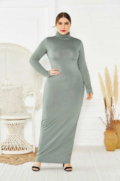 Spring Autumn Women Solid Casual Slim Bodycon Package Hip Maxi Dress Long Sleeve Turtleneck Stretchy Long Dresses Plus Size Robe