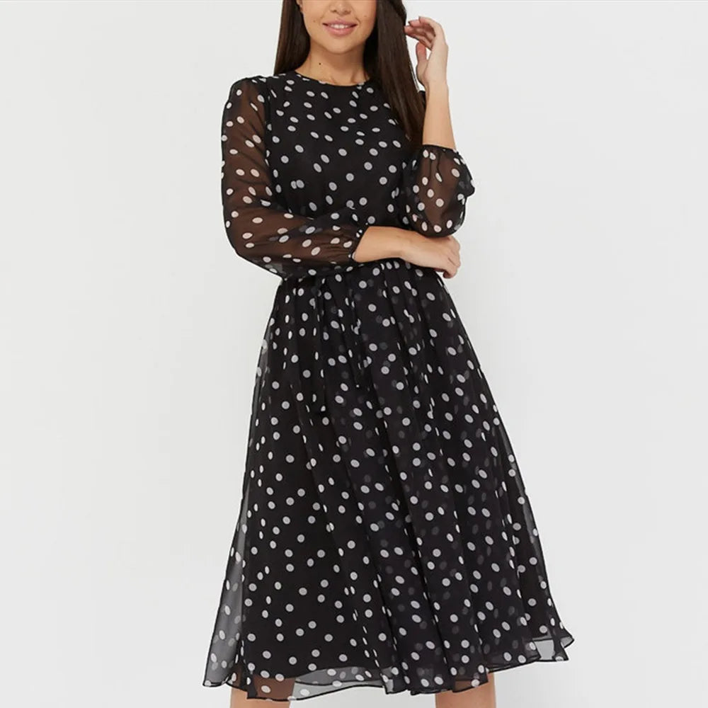 Dresses for Women 2022 Spring and Autumn Women's Long Sleeve Round Neck Belt Chiffon Print Sexy Lace Polka Dot Dress TL50