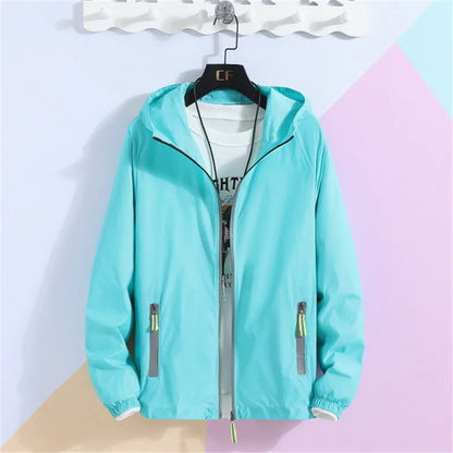 New Women's Thin Coat Summer Sun Protection Clothing Reflective Zipper Hooded Casual Jacket Family Lovers Clothing Plus Size 7XL Aqua Blue