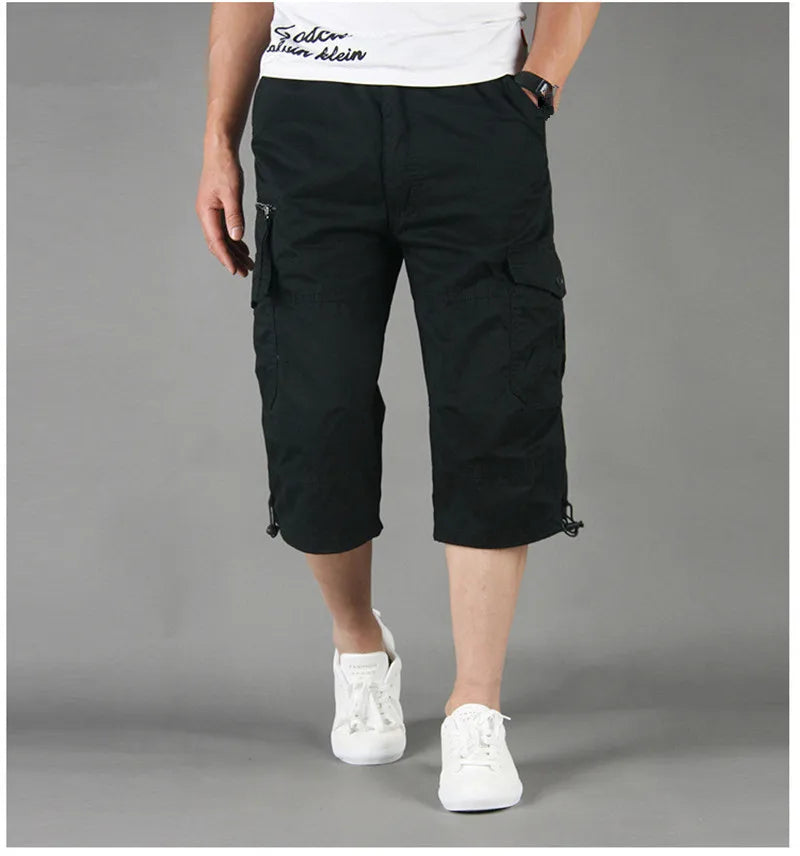 Long Length Cargo Shorts Men Summer Casual Cotton Multi Pockets Hot Breeches Cropped Trousers Military Camouflage Shorts 5XL Black