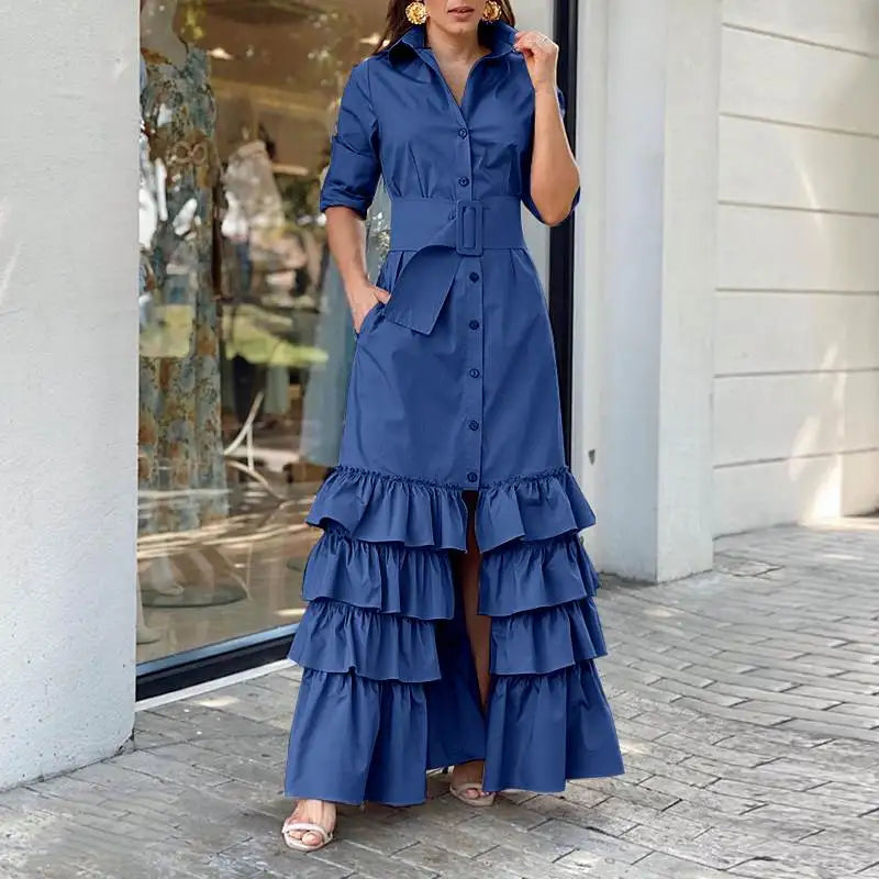 Women Party Maxi Dress 2023 VONDA Spring Holiday Dress Casual Vintage Long Sleeve Lapel Button Down Ruffled Vestidos Robe Femme