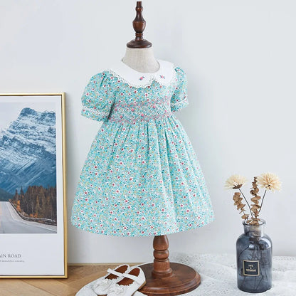 Kids Little Girls Handmade Smocked Floral Flower Print Dresses 2024 Spring Summer Toddler Girl Princess Vintage Smock Dress