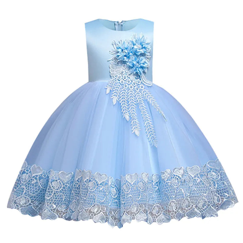 White Wedding Birthday Gown Lace Tutu Princess Dress Floral Embroidery Girls Children Clothing Kids Party For Girl Clothes