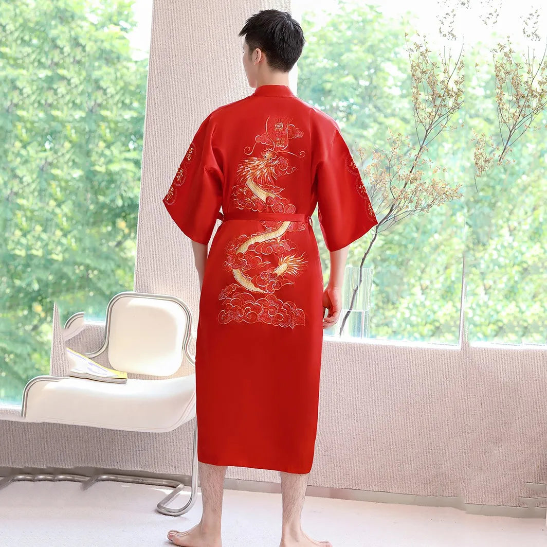 Navy Blue Embroidery Dragon Robe Nightgown Men Kimono Bathrobe Gown Satin Silk Sleepwear Nightwear Loose Casual Home Clothes