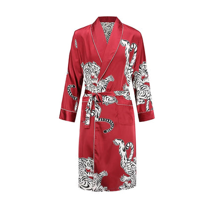 Men Robe Nightgown Long Sleeves Kimono Bathrobe Gown Silky Satin Dragon Print Pajamas Sleepwear Nightwear Gown Casual Home