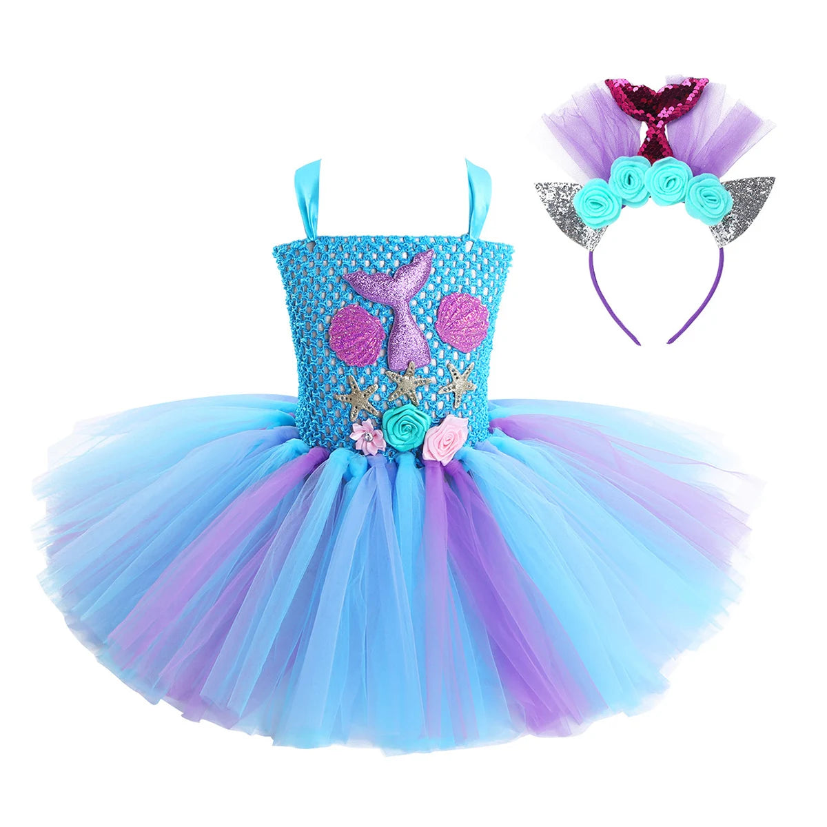 Kids Girls Cosplay Party Dress Princess Dress Up Mermaid Tulle Tutu Dresses Theme Birthday Party Costume with Flower Headband Light Blue A