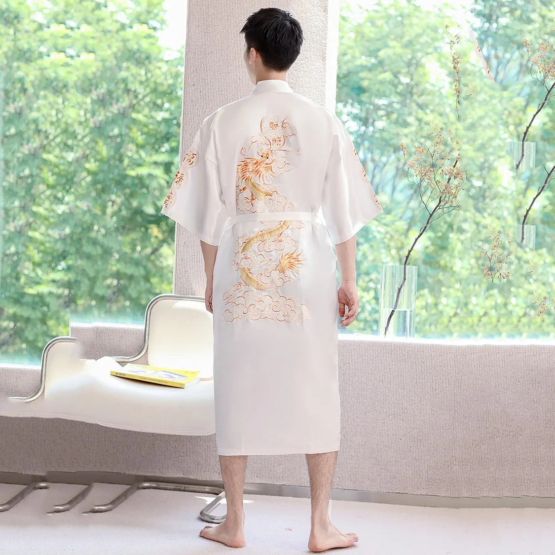 Navy Blue Embroidery Dragon Robe Nightgown Men Kimono Bathrobe Gown Satin Silk Sleepwear Nightwear Loose Casual Home Clothes