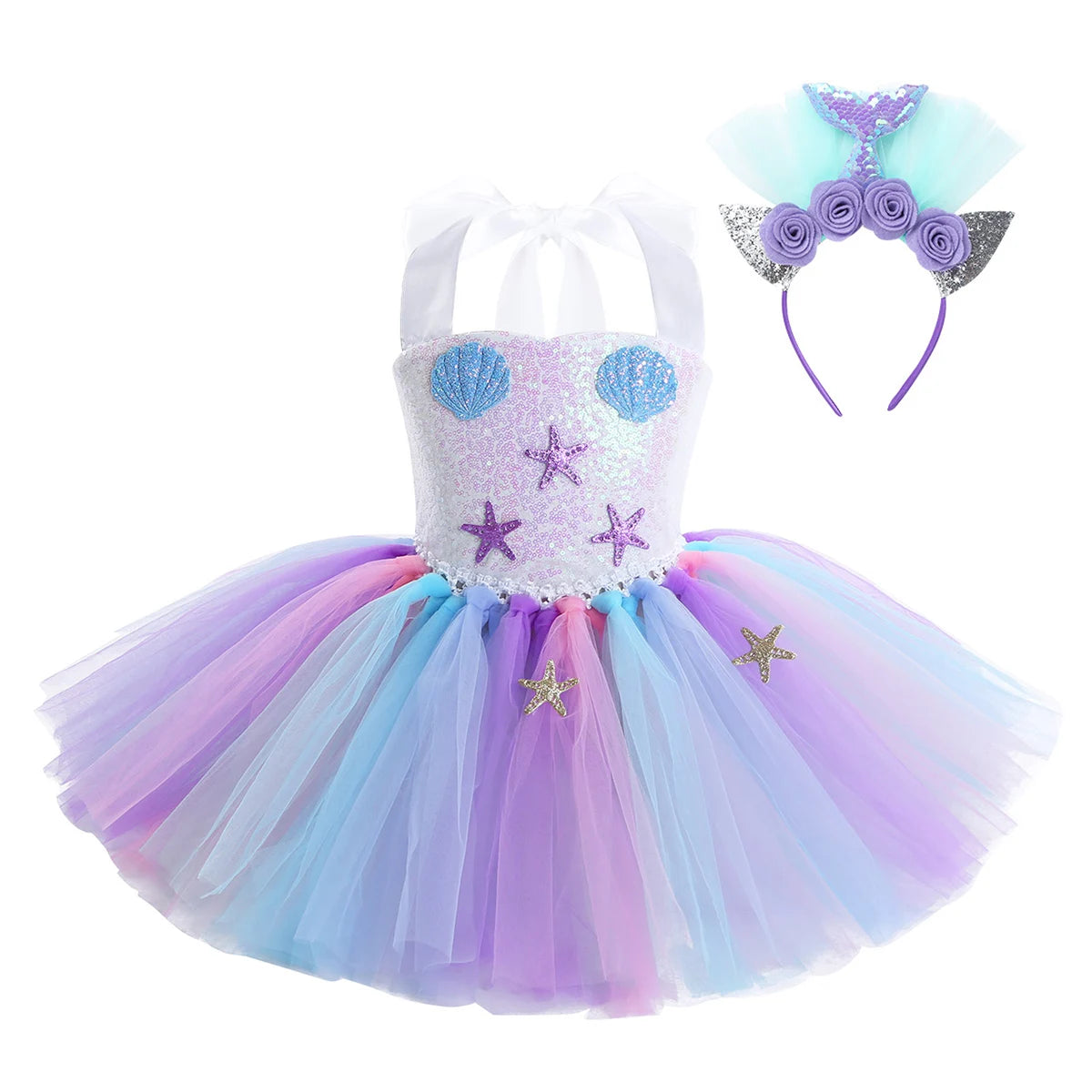 Kids Girls Cosplay Party Dress Princess Dress Up Mermaid Tulle Tutu Dresses Theme Birthday Party Costume with Flower Headband