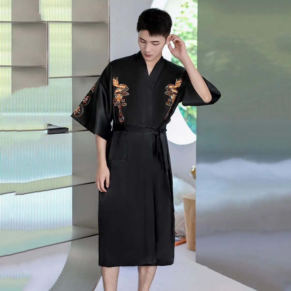 Navy Blue Embroidery Dragon Robe Nightgown Men Kimono Bathrobe Gown Satin Silk Sleepwear Nightwear Loose Casual Home Clothes Black Robe