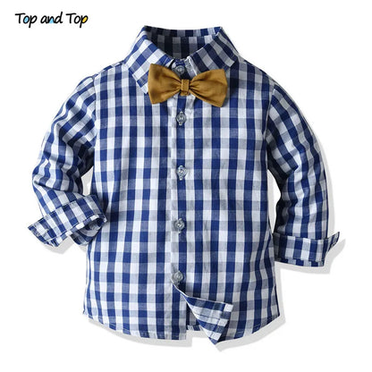 Top and Top Boys Clothing Sets Springs Autumn New Kids Boys Long Sleeve Plaid Bowtie Tops+Suspender Pants Casual Clothes Outfit