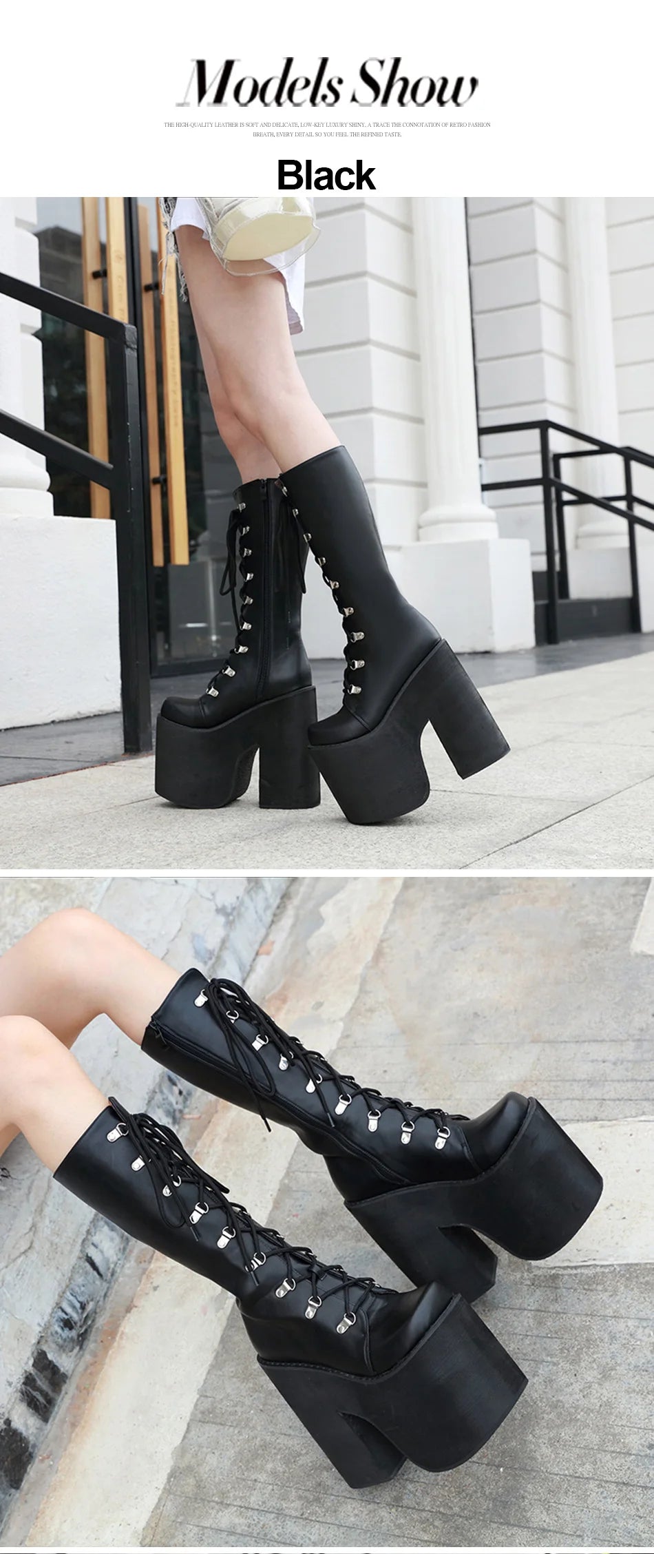 Gdgydh Large Size 43 Thick Platform Extreme High Heels Cool Motorcycles Boots Punk Style Shoelaces Knee High Boots Winter