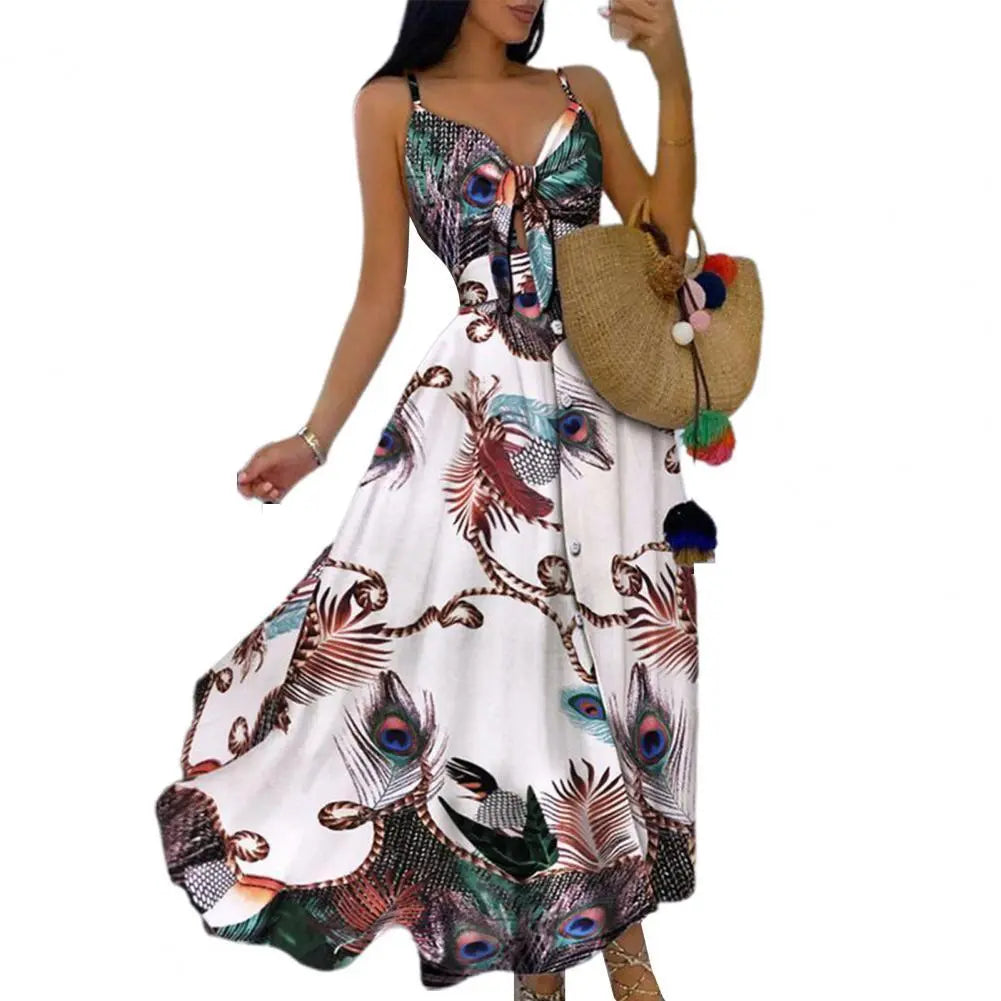 Women's Sling Long Dresses Summer Floral V-Neck Sleeveless Party Dress Beach Print Maxi Dress Casual Sundress New Fashion