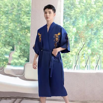 Navy Blue Embroidery Dragon Robe Nightgown Men Kimono Bathrobe Gown Satin Silk Sleepwear Nightwear Loose Casual Home Clothes Navy Blue Robe