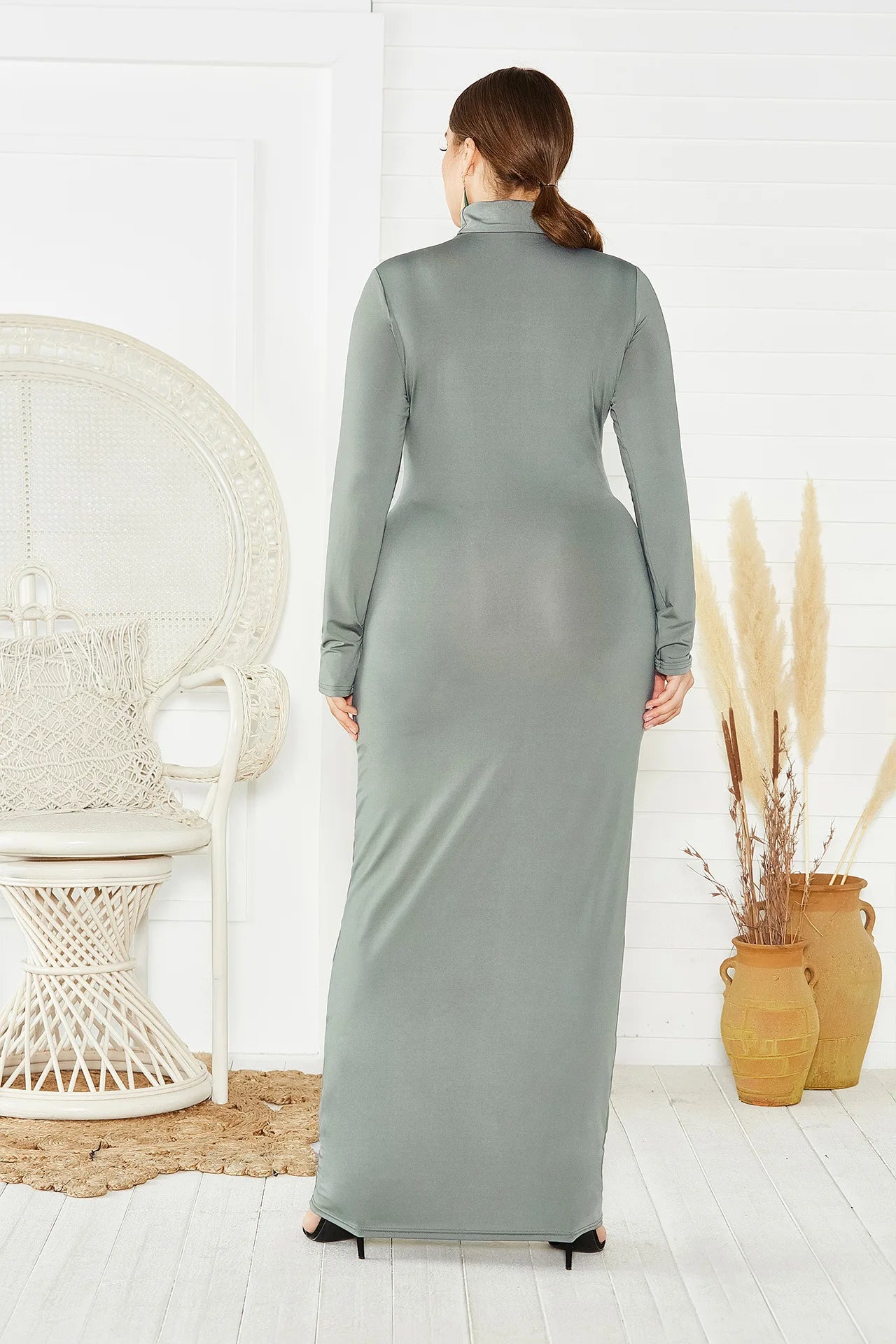 Spring Autumn Women Solid Casual Slim Bodycon Package Hip Maxi Dress Long Sleeve Turtleneck Stretchy Long Dresses Plus Size Robe