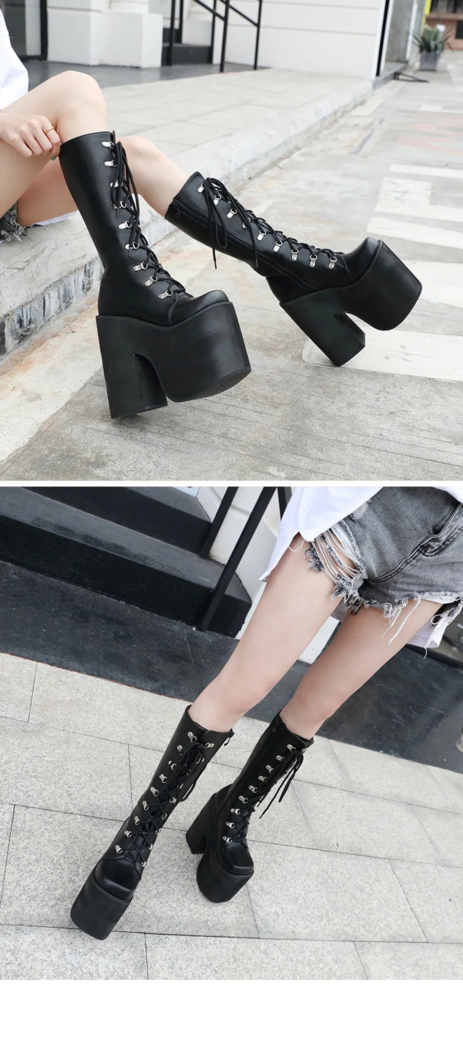 Gdgydh Large Size 43 Thick Platform Extreme High Heels Cool Motorcycles Boots Punk Style Shoelaces Knee High Boots Winter