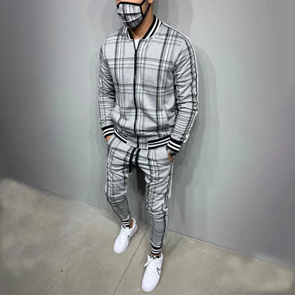 Mens Tracksuits Colorful Plaid Casual Zipper Hoodie Set 3D Print Set New Autumn Male Sweatshirt Clothes For Men Light grey03 CHINA