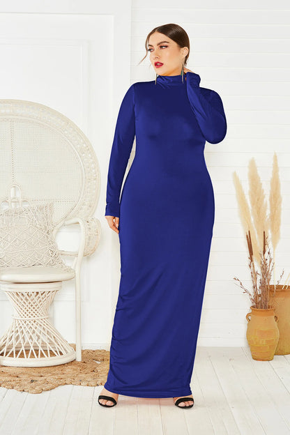 Spring Autumn Women Solid Casual Slim Bodycon Package Hip Maxi Dress Long Sleeve Turtleneck Stretchy Long Dresses Plus Size Robe