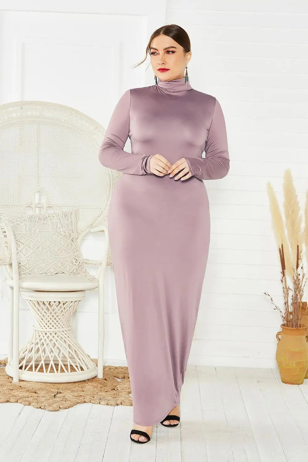 Spring Autumn Women Solid Casual Slim Bodycon Package Hip Maxi Dress Long Sleeve Turtleneck Stretchy Long Dresses Plus Size Robe