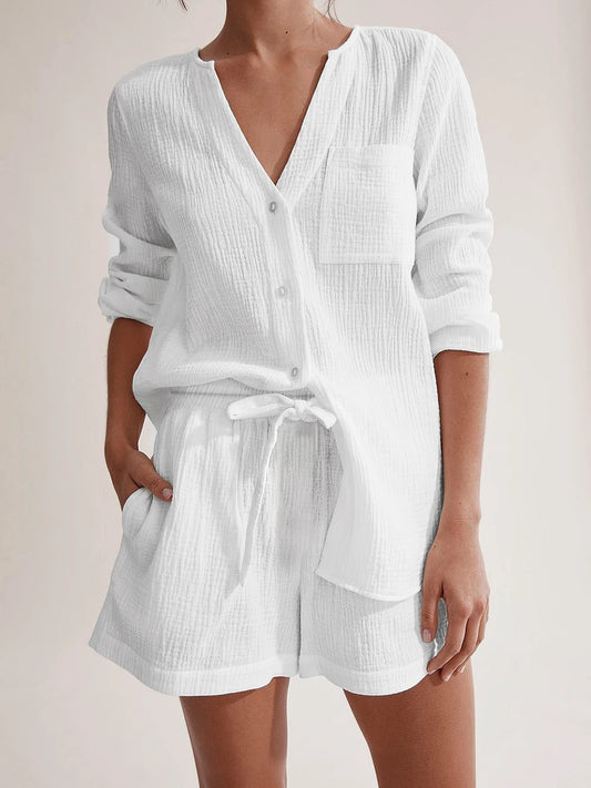 100% Cotton Autumn Sleepwear Suits With Shorts Pyjamas Pocket Nightwear Single Breasted Women's Nightgown Full Sleeve Women Pajama