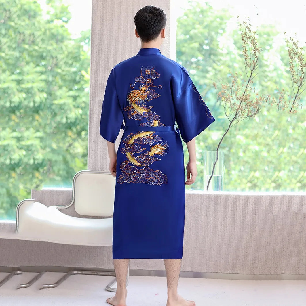 Navy Blue Embroidery Dragon Robe Nightgown Men Kimono Bathrobe Gown Satin Silk Sleepwear Nightwear Loose Casual Home Clothes