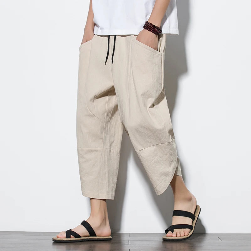 2024 Summer Men Chinese Style Cotton Linen Harem Pants Men Streetwear Breathable Beach Pants Male Casual Calf-Lenght Trousers khaki CHINA