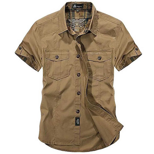 Elegant Fashion Cotton Casual Shirts Summer Men Plus Size Loose Baggy Shirts Short Sleeve Turn-down Collar Military Style Male Clothing