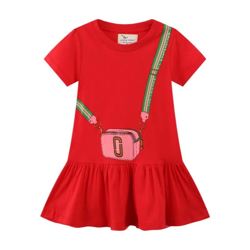 Jumping Meters New Arrival Summer Girls Dresses Bag Print Hot Selling Baby Summer Frocks Cotton Clothes Frocks Party Birthday T67081 red bag CHINA